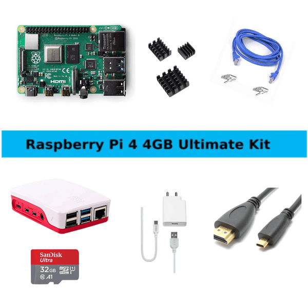 Raspberry Pi4 Model B 4GB Ultimate Kit with Pi4 4GB, Boîtier, Adaptateur d'Alimentation, Dissipateur, 32GB Carte SD, Manual, HDMI and Câble Ethernet